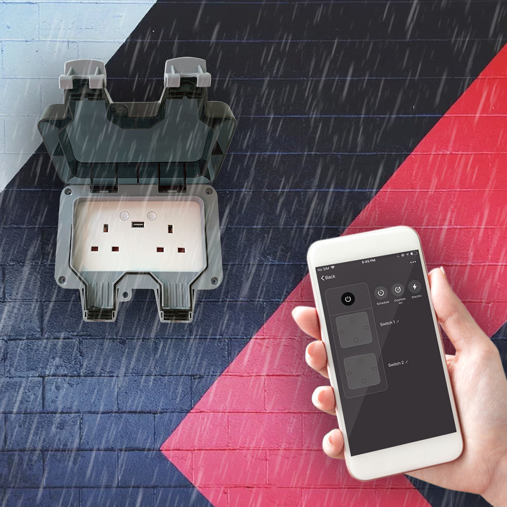 Smart Wi-Fi Weatherproof 13A Twin Wall Sockets with 2 USB Ports (IP55)