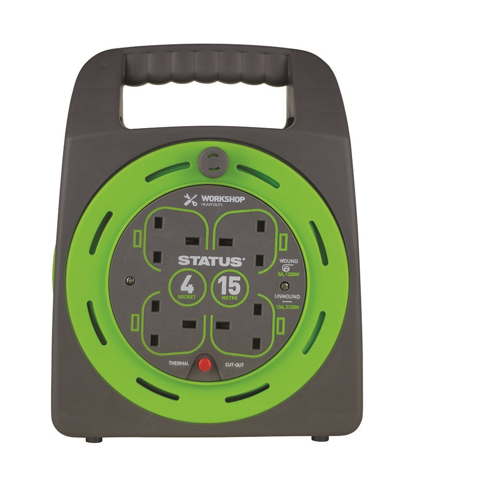 15 Mtr - 13 amp - Hand Bag - 4 Socket Outlet with Thermal Cut Out - Green - Cable Reel