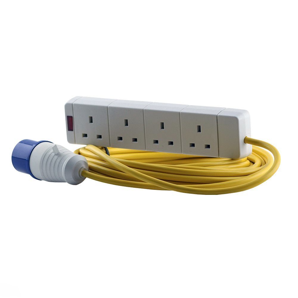 16A 230V Yellow Male to 4 Gang Hook Up Extension Cable Lead - 15m
