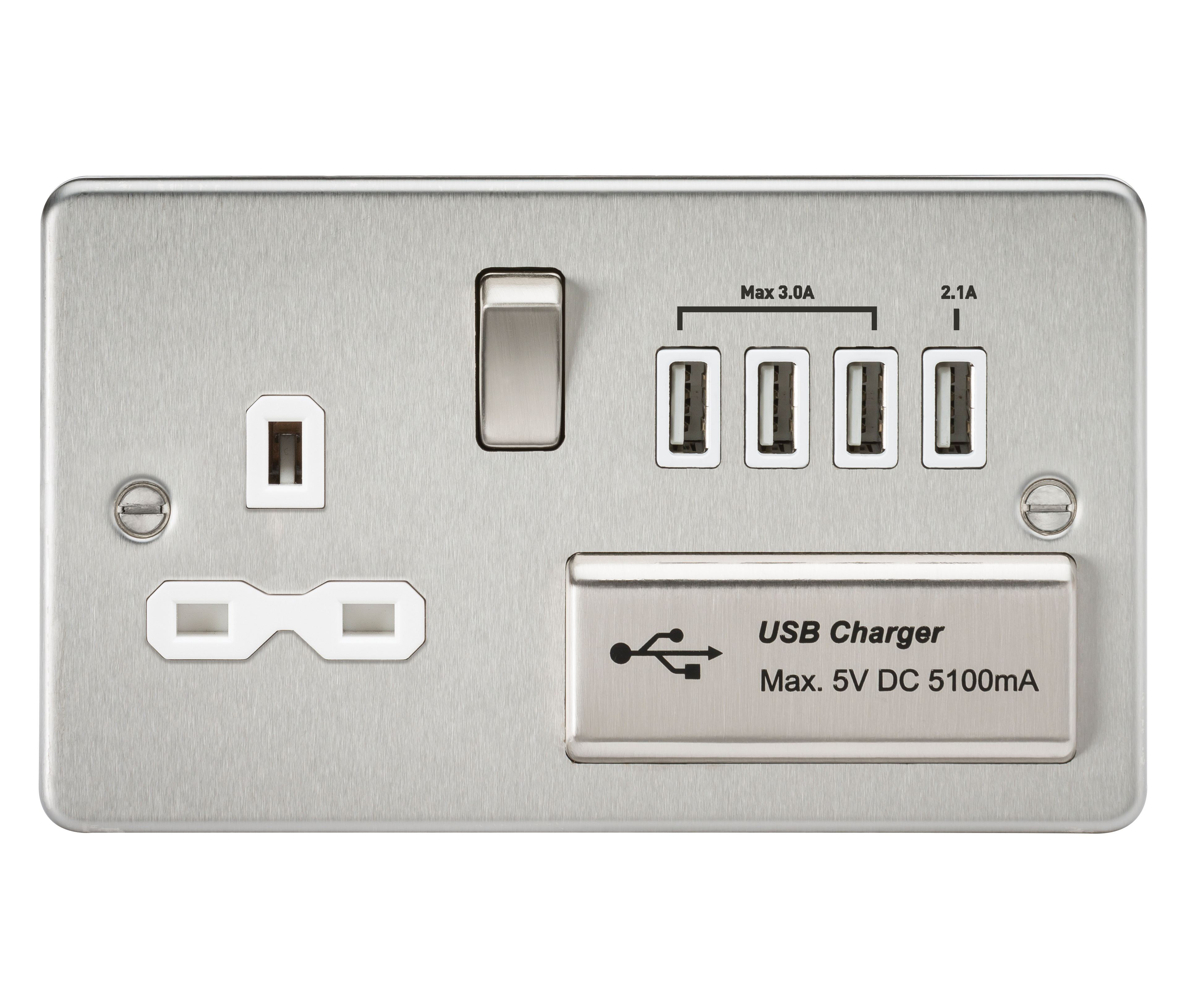 Socket with Quad USB Flat Plate - Brushed Chrome, White Insert