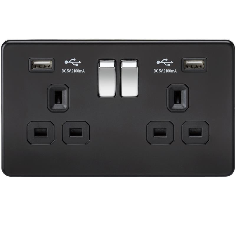 2G 13A Matt Black 2G Switched Socket with Dual 5V USB Charger Ports