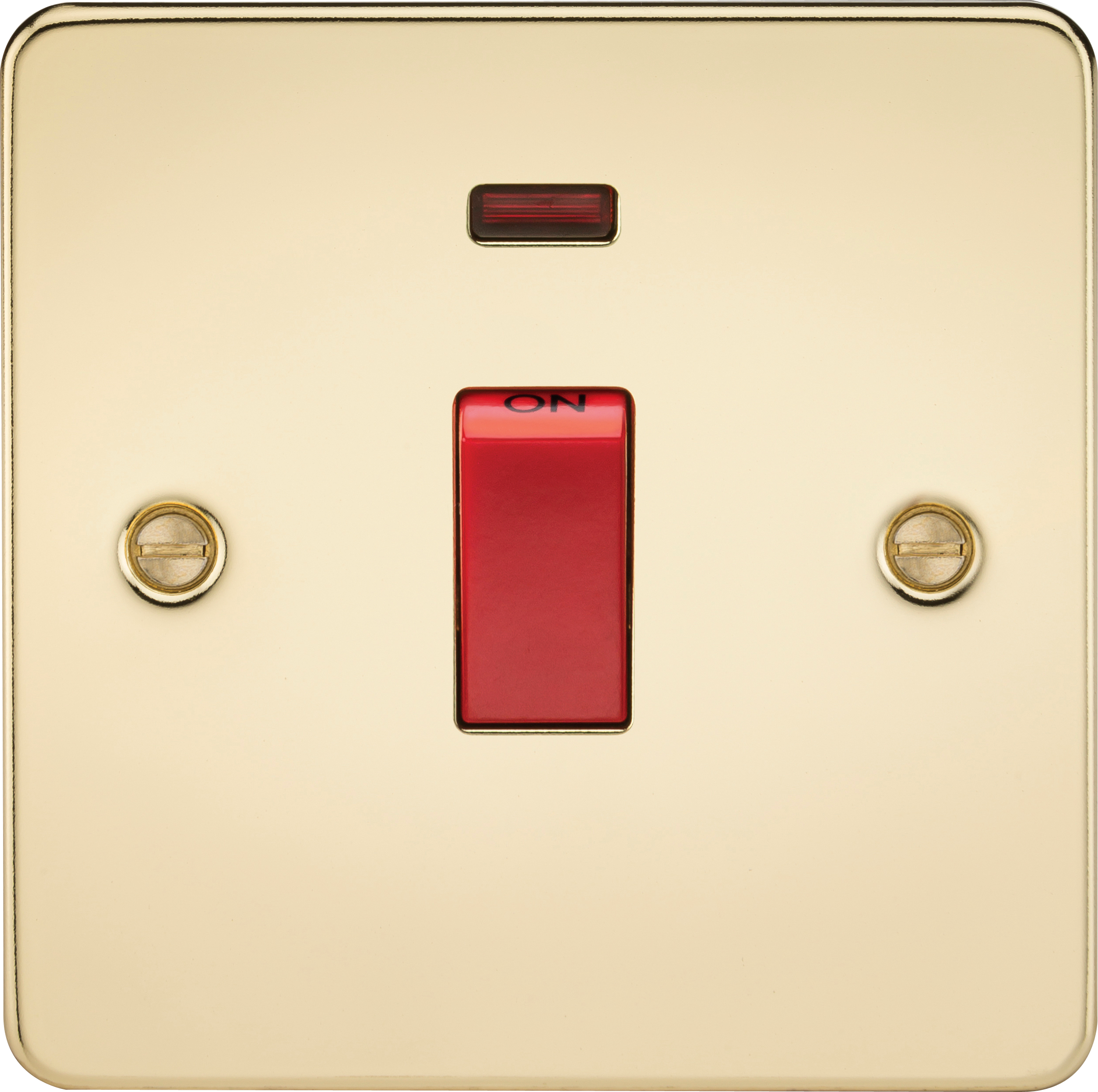 Flat Plate 45A 1G DP switch with neon - polished brass