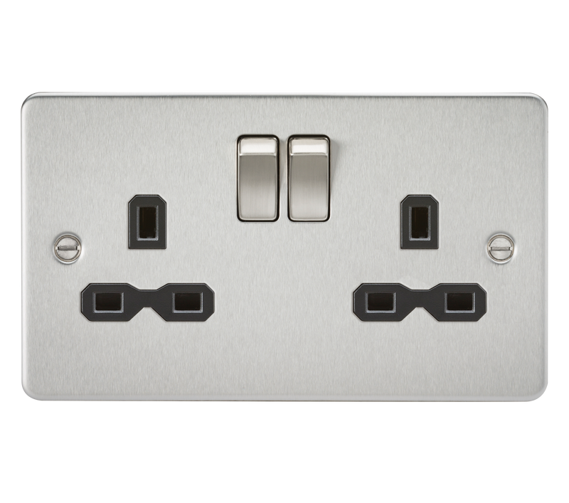 Brushed Chrome 13A 2G DP Switched Flat Plate Socket - Black Insert