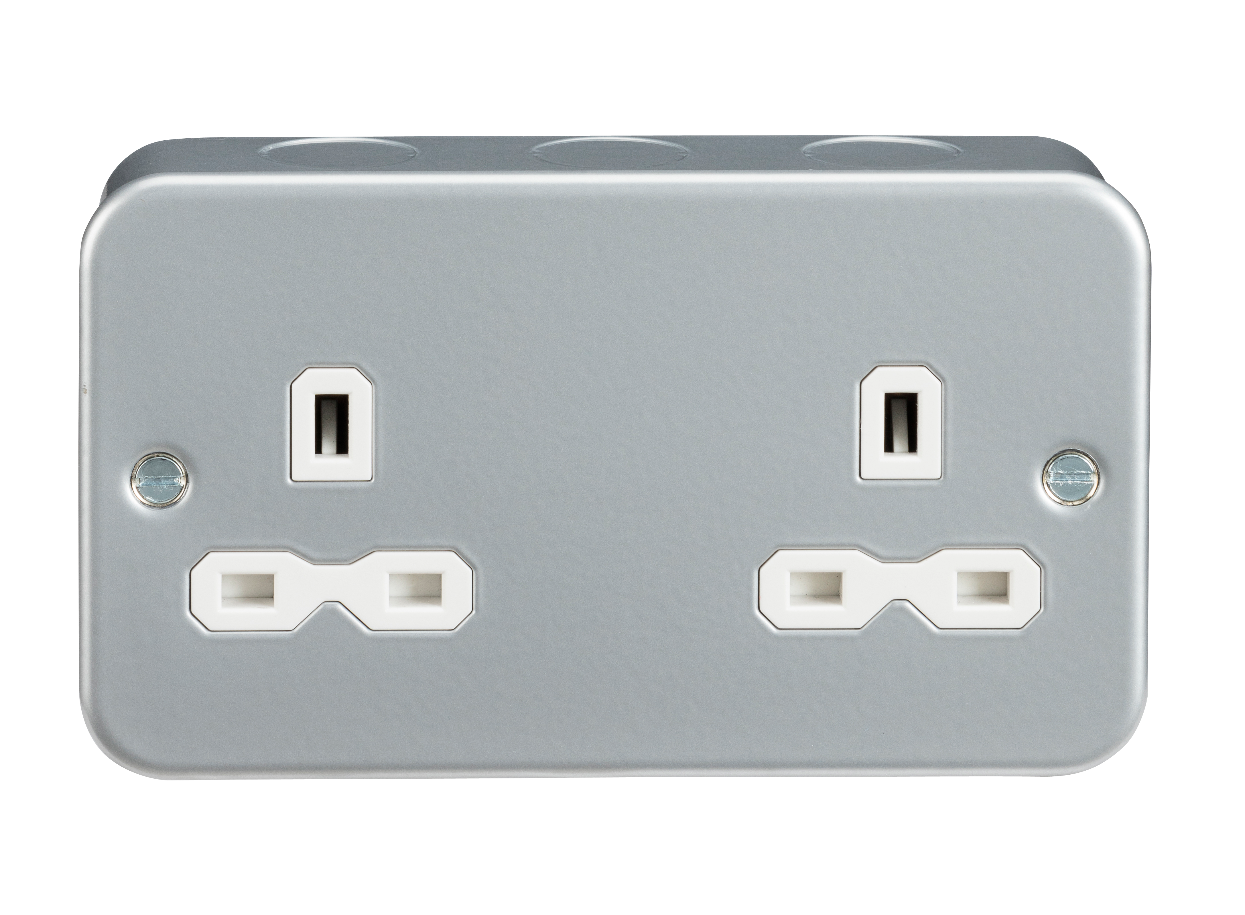 13A 2G Twin 230V Metal Clad UK 3 Un-Switched Electric Wall Socket