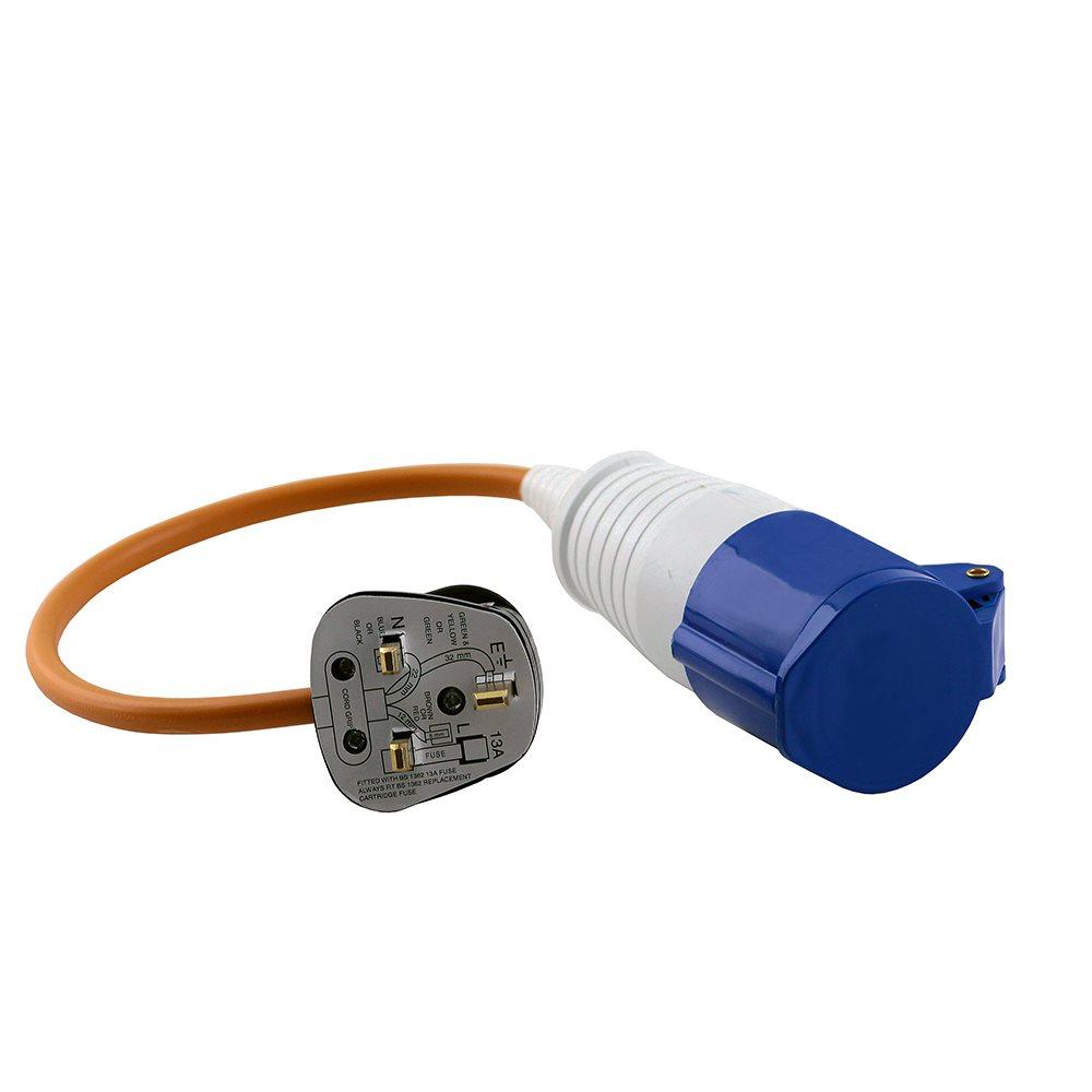16A 230V Orange UK 3 Pin Plug to Female Hook Up Extension Cable Lead - 1m