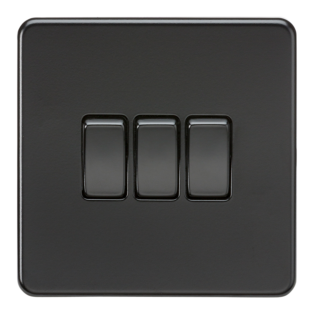 Screwless 10AX 3G 2-Way Switch - Matt Black with black rockers