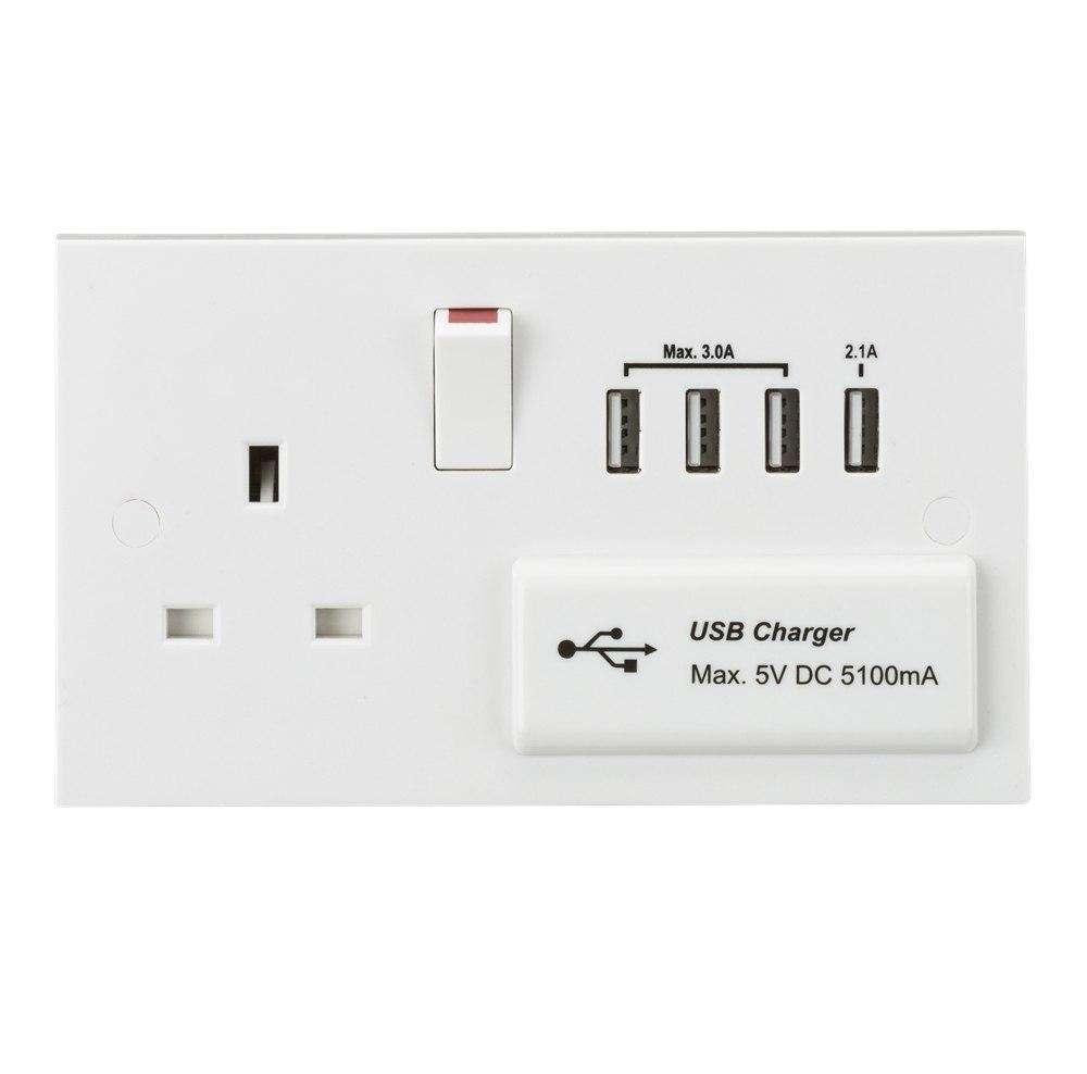 13A Switched Socket with Quad USB Charger 5V DC 5.1A