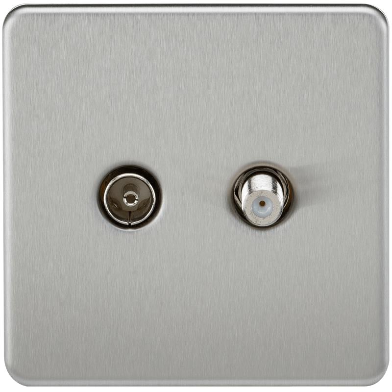 Coaxial TV and SAT TV Outlet 1G Screwless Brushed Chrome Isolated Wall Plate