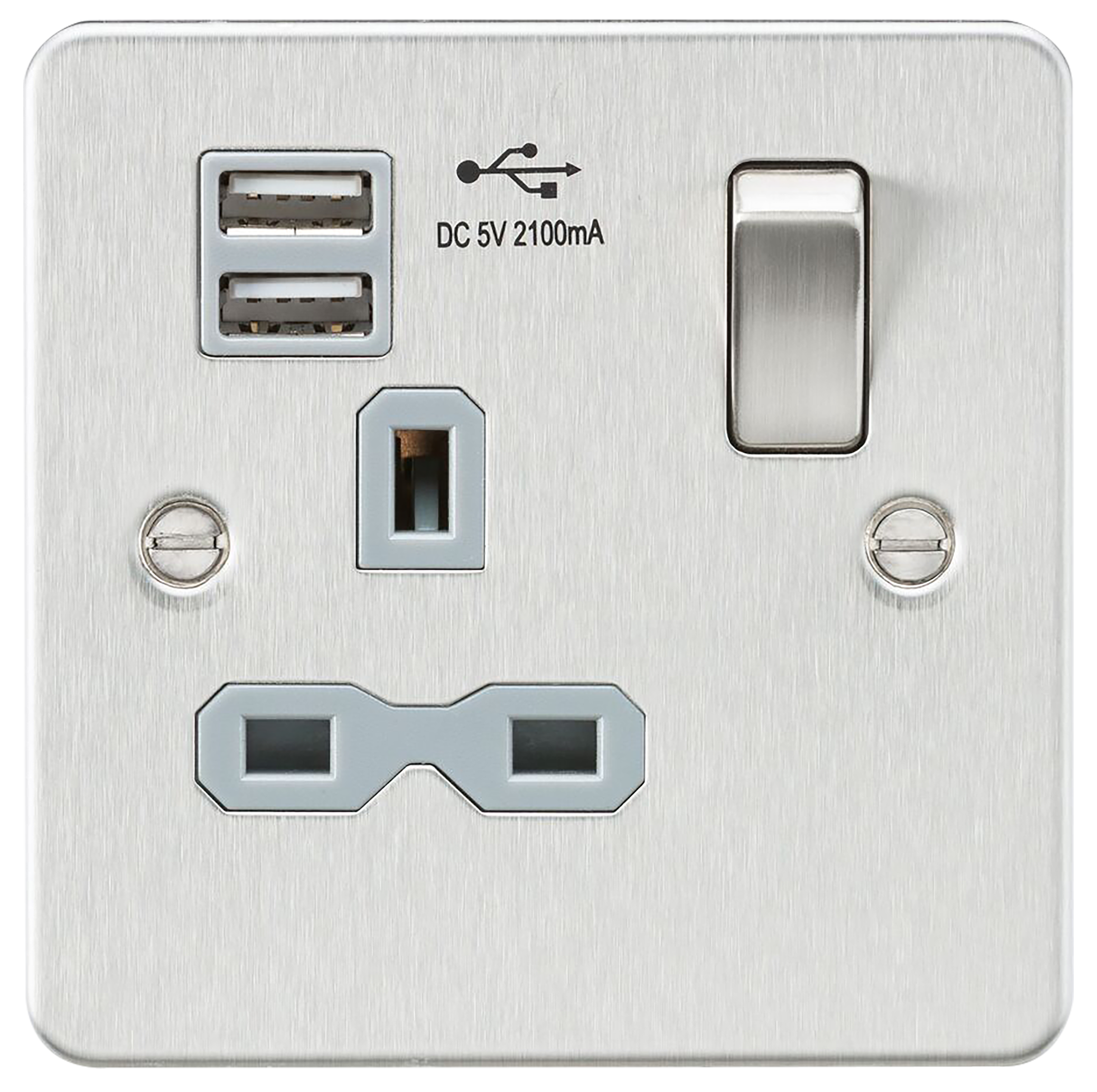 Flat plate 13A 1G switched socket with dual USB charger (2.1A) - brushed chrome with grey insert