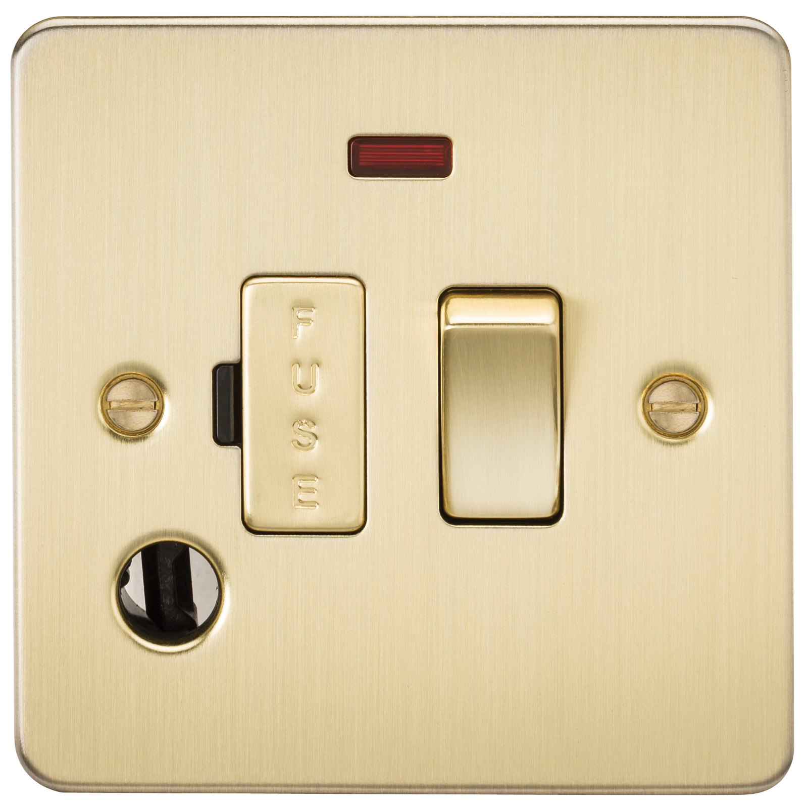 Flat Plate 13A switched fused spur unit with neon and flex outlet - brushed brass