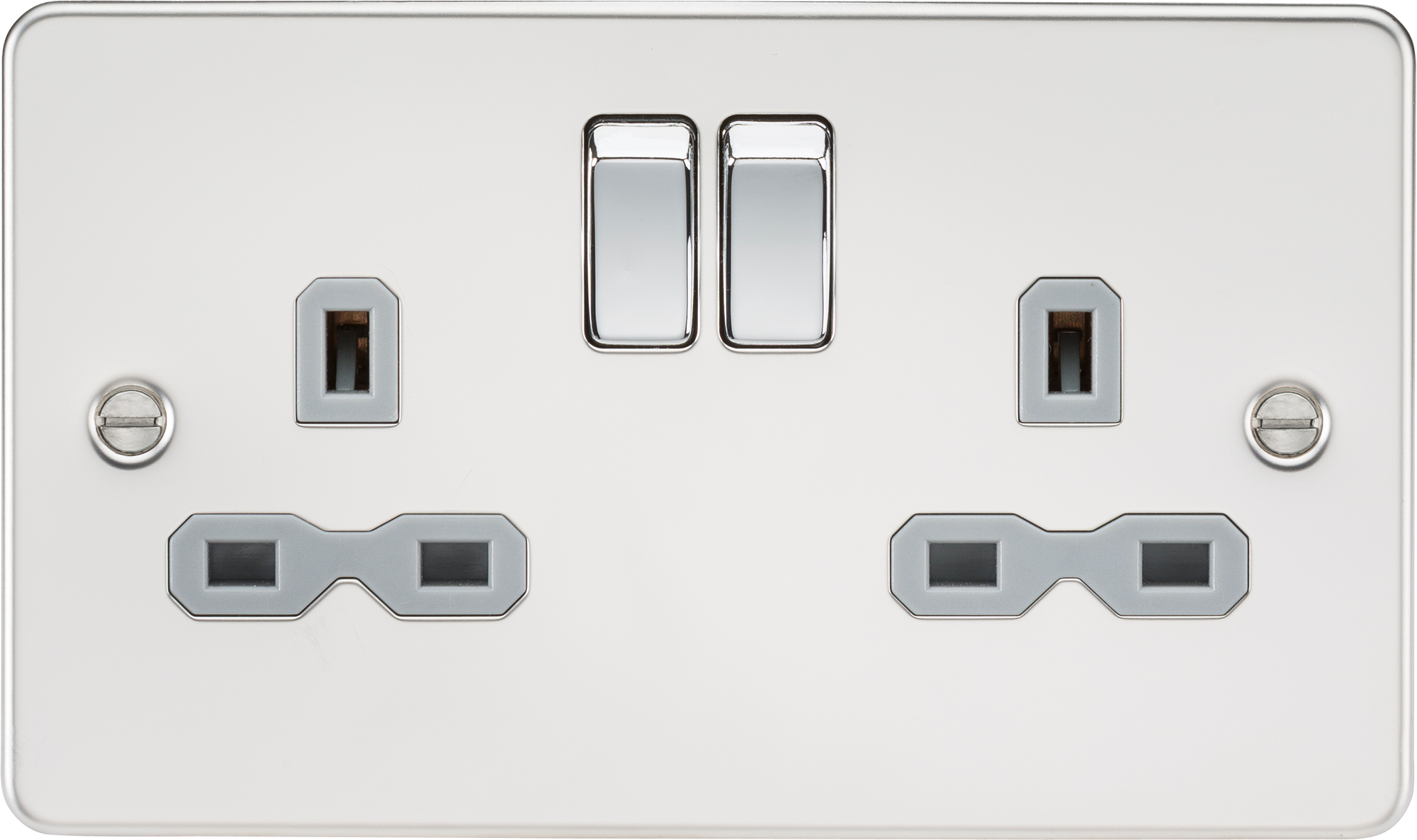 Flat plate 13A 2G DP switched socket - polished chrome with grey insert