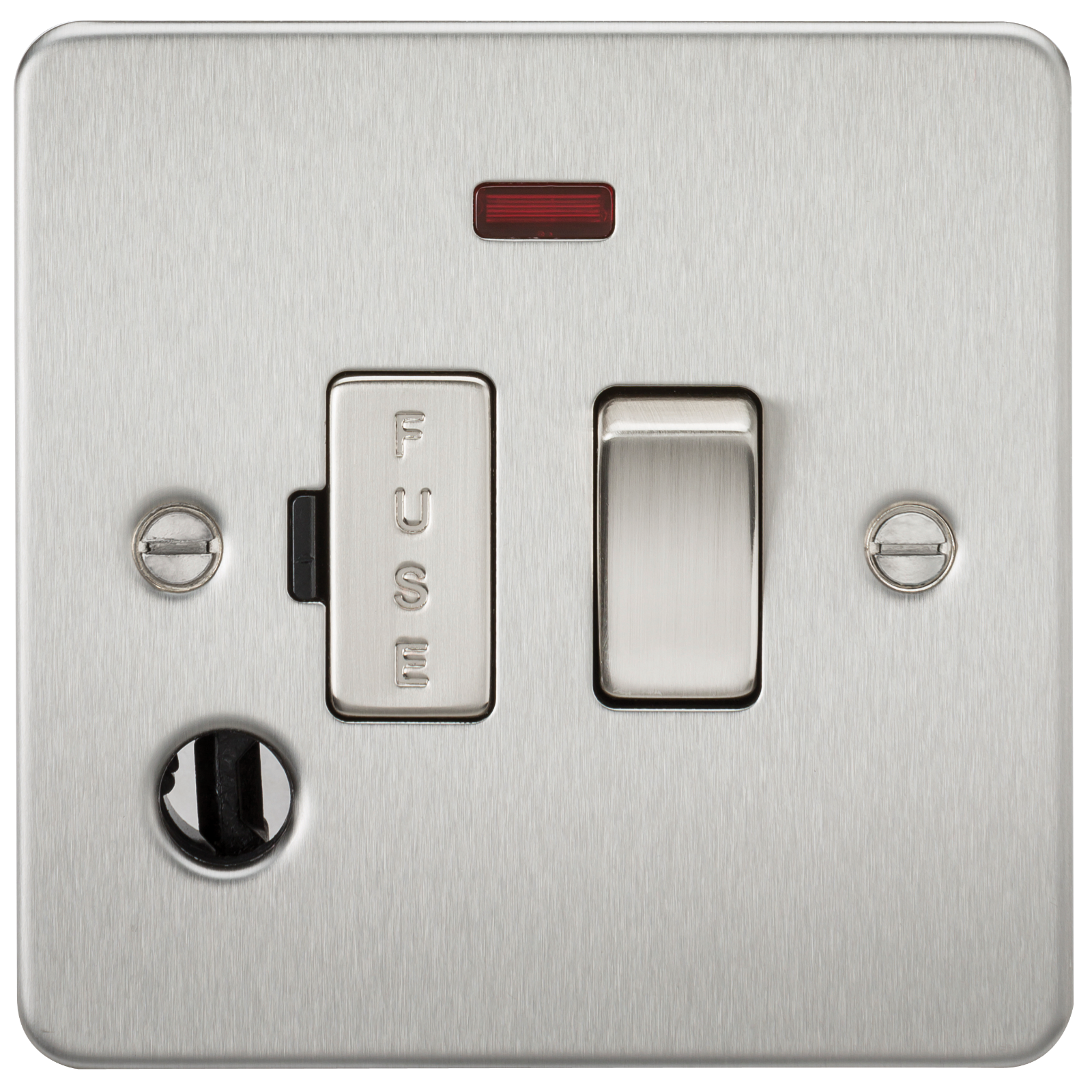 Flat Plate 13A switched fused spur unit with neon and flex outlet - brushed chrome