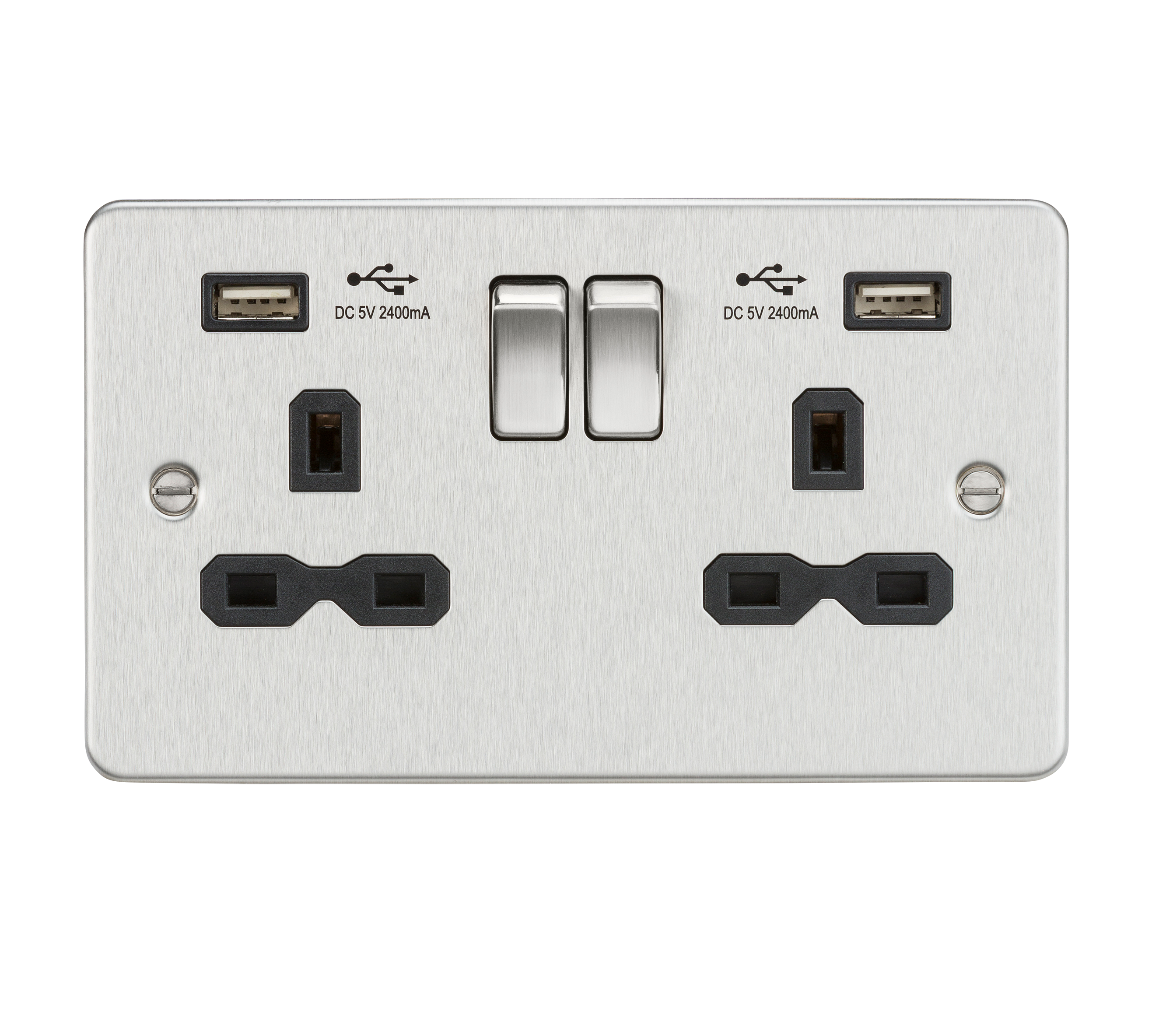 13A 2G switched socket with dual USB charger A + A (2.4A) - Brushed chrome with black insert