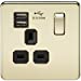 1G 13A Screwless Polished Brass 1G Switched Socket with Dual 5V USB Charger Ports - Black Insert