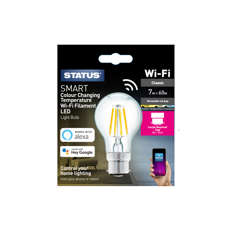 7w = 60w =  806 lumens Filament - Smart - A60 GLS - BC - Clear - CCT