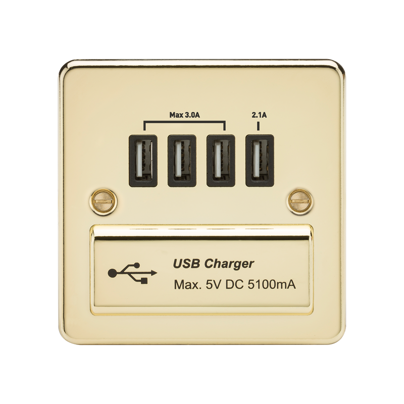 Flat Plate Quad USB charger outlet - Polished brass with black insert