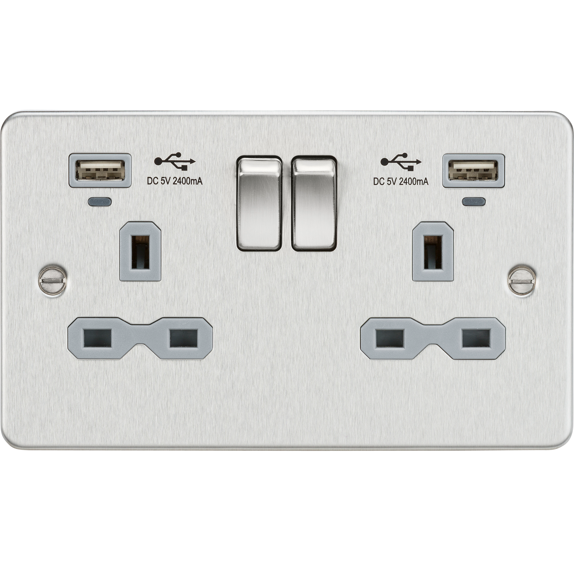 Flat plate 13A 2G switched socket with USB chargers (2.4A) - Brushed Chrome with grey insert