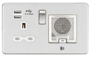 Brushed Chrome Screwless 13A socket, USB chargers (2.4A) and Bluetooth Speaker - White Insert