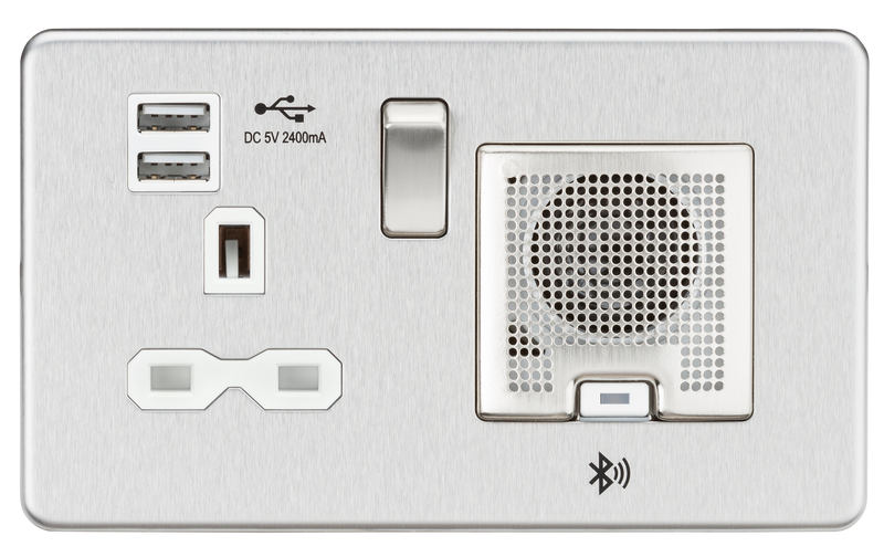 Brushed Chrome Screwless 13A socket, USB chargers (2.4A) and Bluetooth Speaker - White Insert