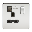 1G 13A Screwless Polished Chrome 1G Switched Socket with Dual 5V USB Charger Ports - Black Insert