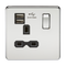 1G 13A Screwless Polished Chrome 1G Switched Socket with Dual 5V USB Charger Ports - Black Insert
