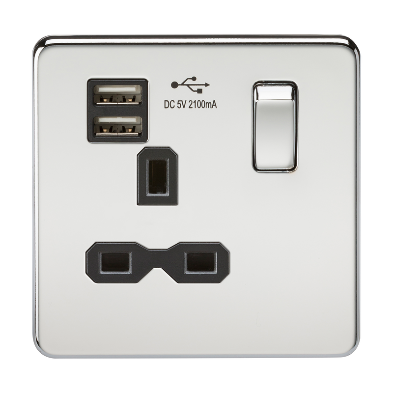 1G 13A Screwless Polished Chrome 1G Switched Socket with Dual 5V USB Charger Ports - Black Insert