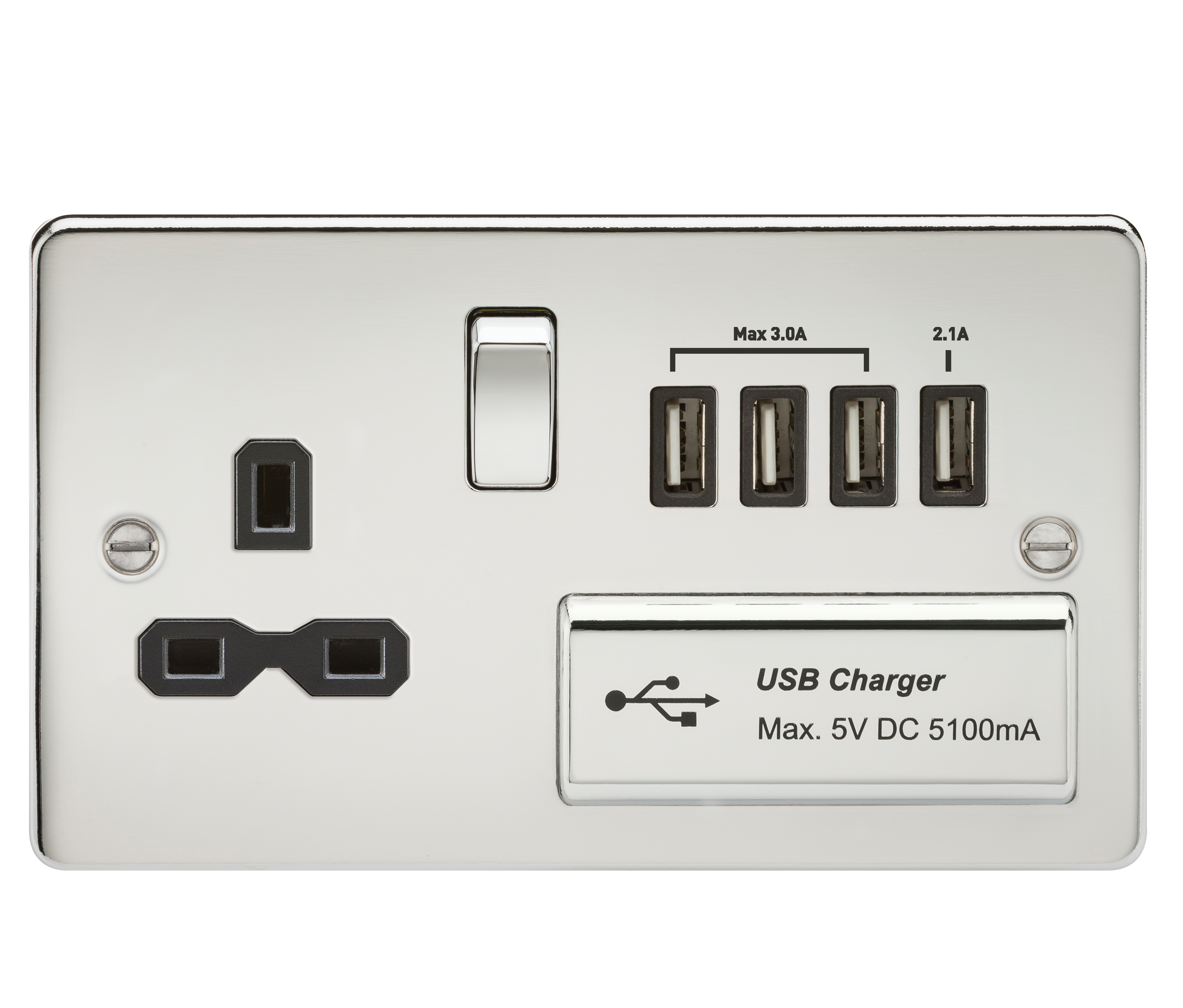 Flat plate 13A switched socket with quad USB charger - polished chrome with black insert