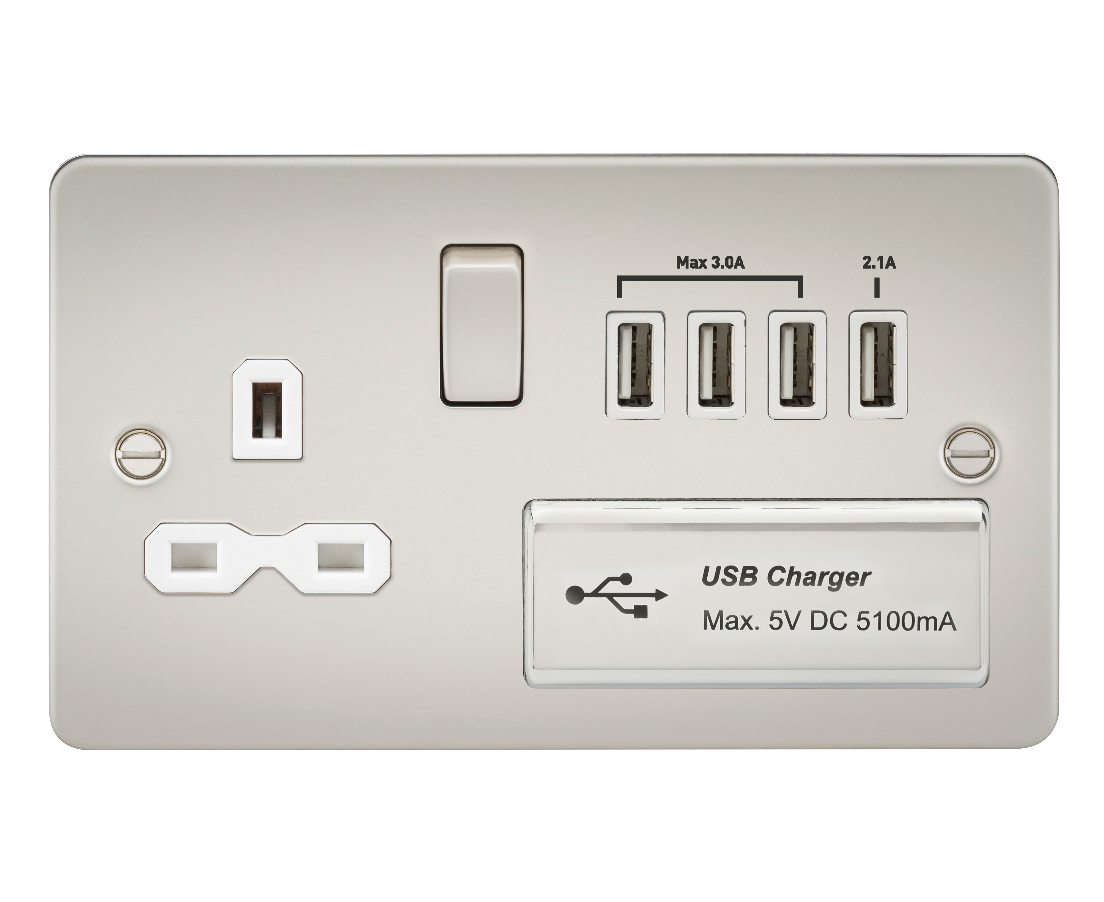 Flat plate 13A switched socket with quad USB charger - pearl with white insert