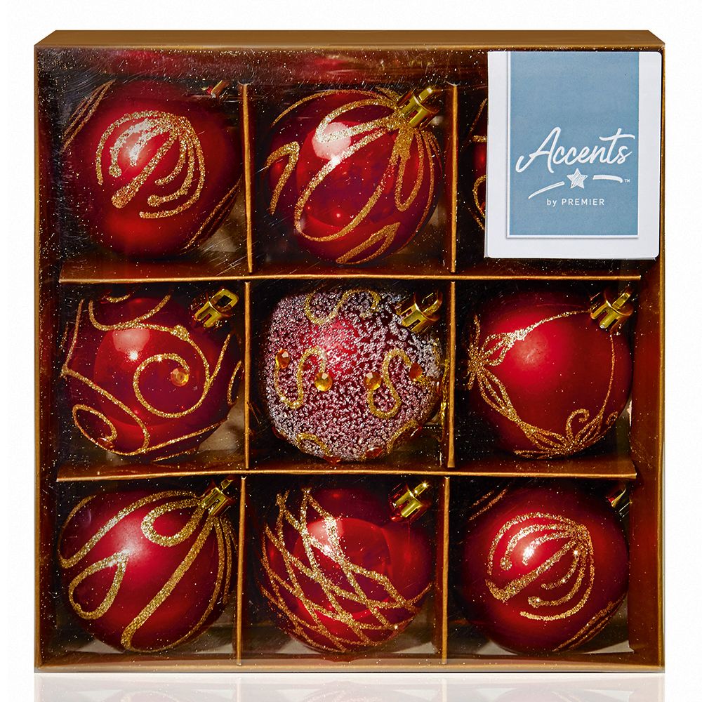 9 x 60mm Decorated Balls, Red