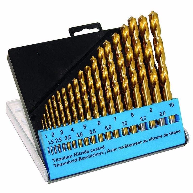 19pc Titanium Nitride Coated HSS Drill Bit Set Size 1-10mm