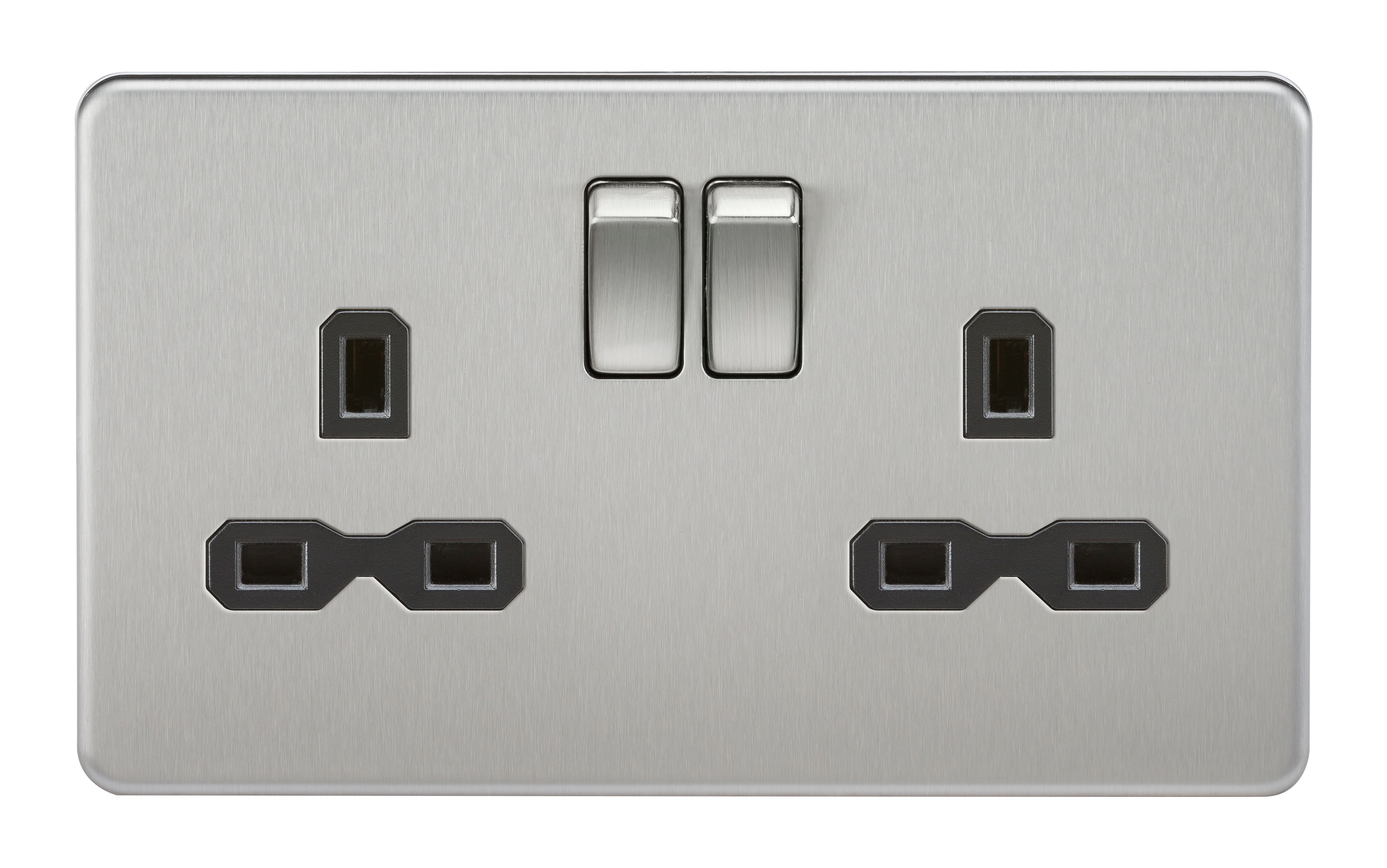 2G DP 13A Screwless Brushed Chrome 230V UK 3 Pin Switched Electric Wall Socket - Black Insert