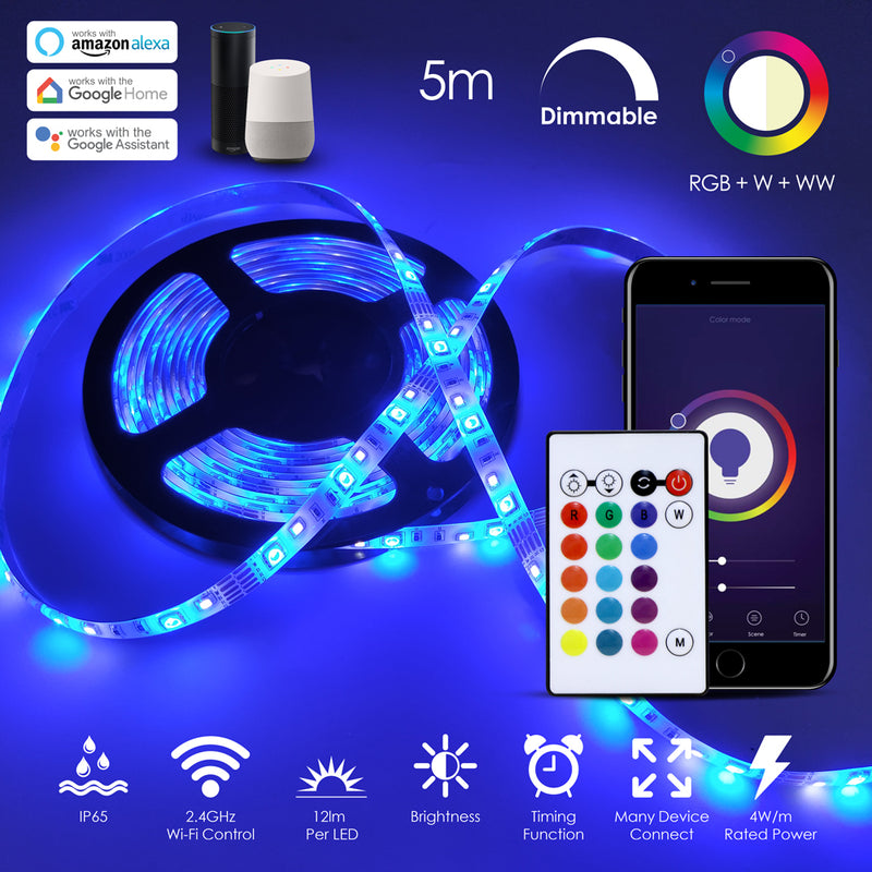 RGB+CCT Smart WiFi LED Strip Kit, 90 LEDs/Mtr LED Strip, WiFi Controller + IR Controller, 2A Adapter with UK Fused Plug.