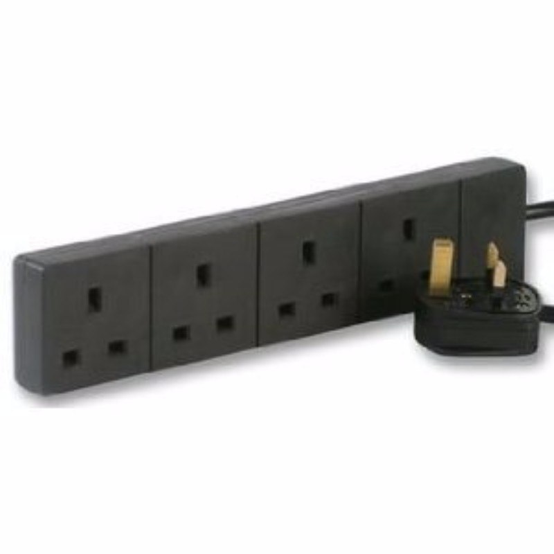 Black UK 3 Pin Plug 4 Gang Extension Lead - 0.5m