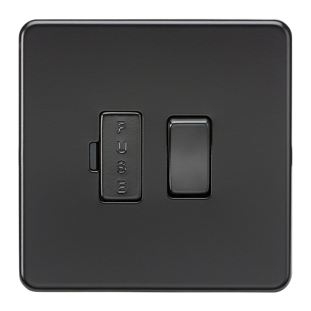 Screwless 13A Switched Fused Spur Unit - Matt Black with black fuse cover