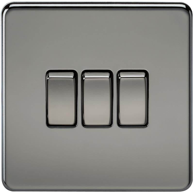 10A 3G 2 Way 230V Screwless Black Nickel Electric Wall Plate Switch