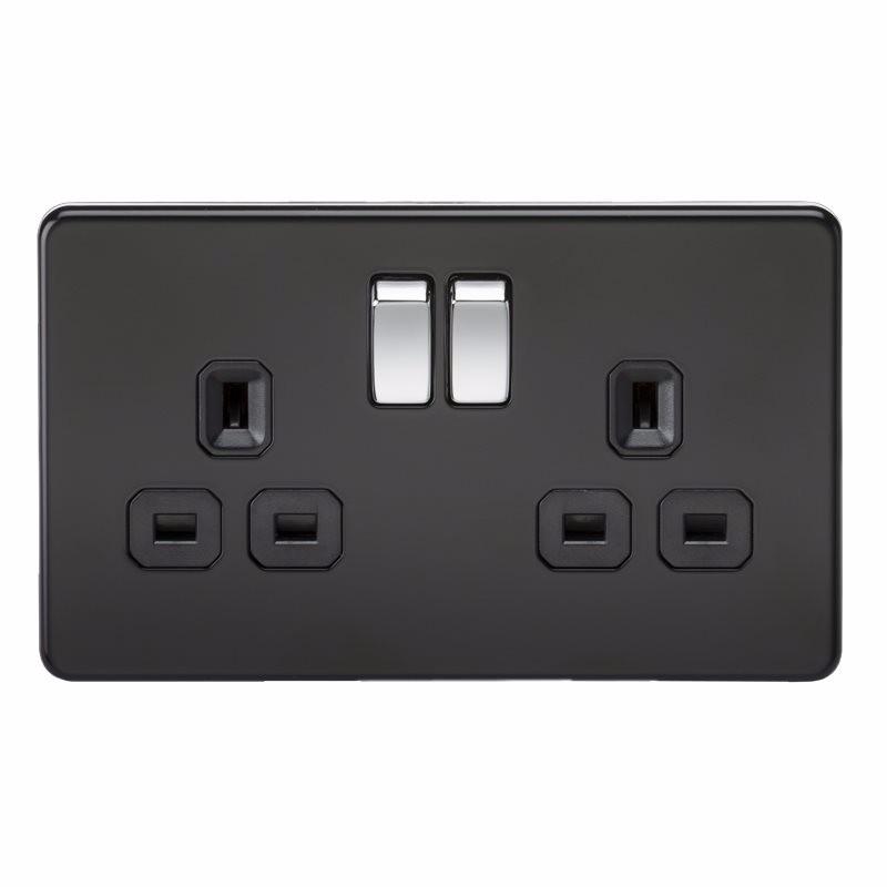 2G DP 13A Screwless Matt Black 230V UK 3 Pin Switched Electric Wall Socket