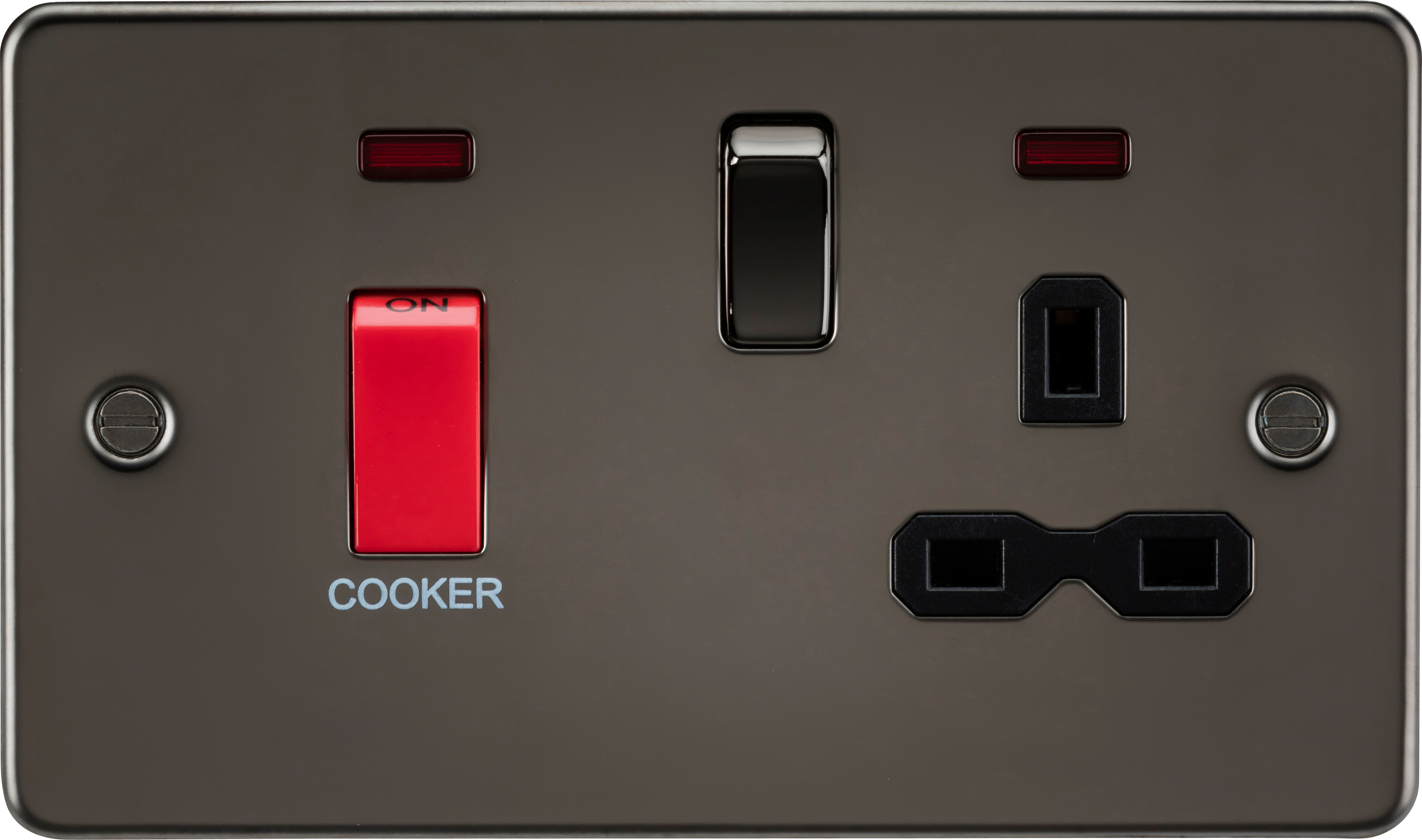 Flat plate 45A DP switch and 13A switched socket with neon - gunmetal with black insert
