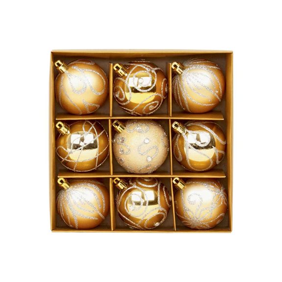 9 x 60mm Decorated Balls, Champagne Gold