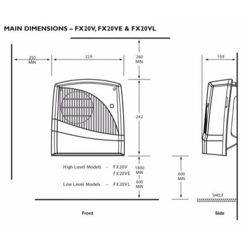 FX20V 2kW Electric Wall Mounted Downflow Fan Heater With Pull Cord & Thermostat