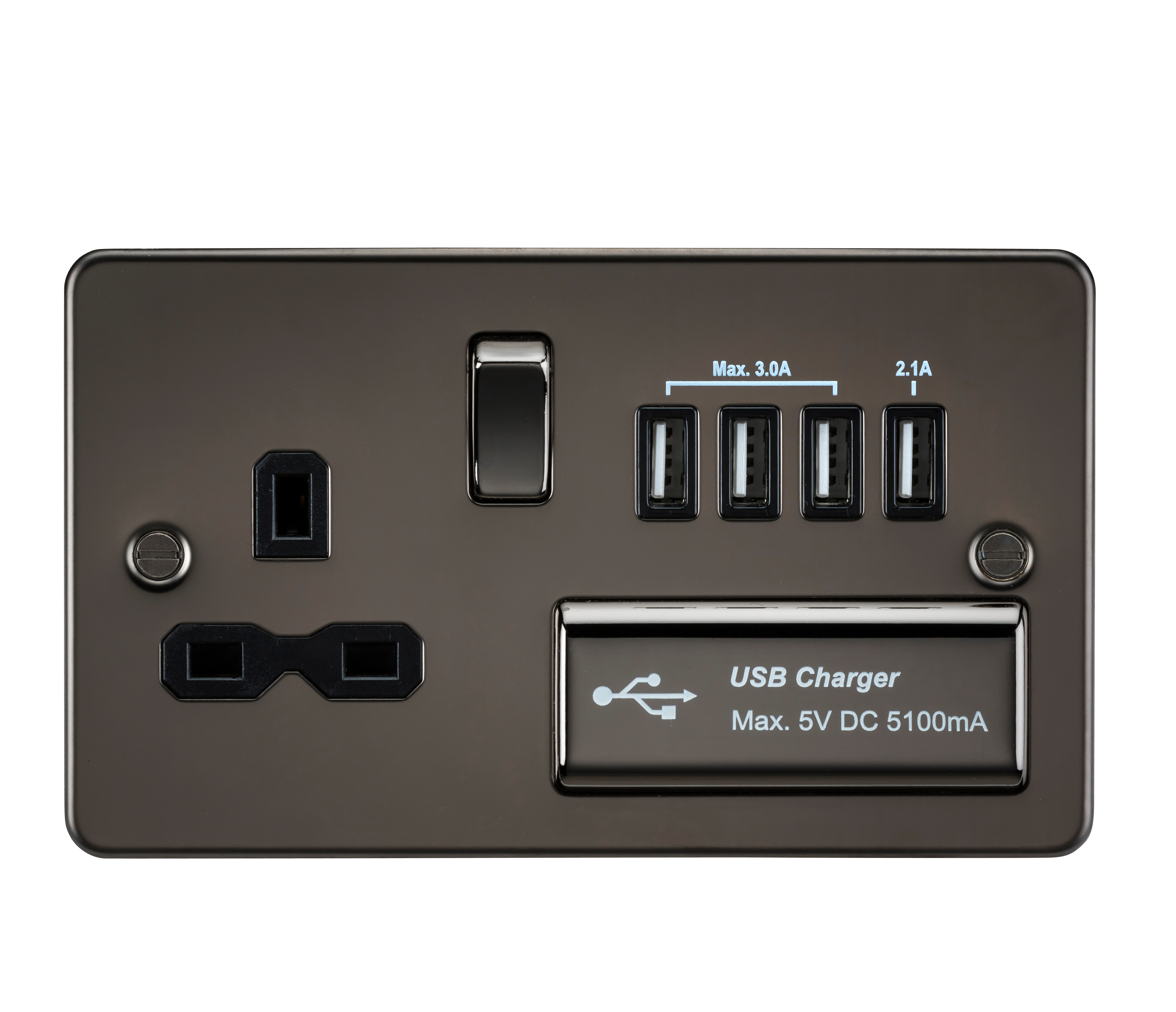 Flat plate 13A switched socket with quad USB charger - gunmetal with black insert