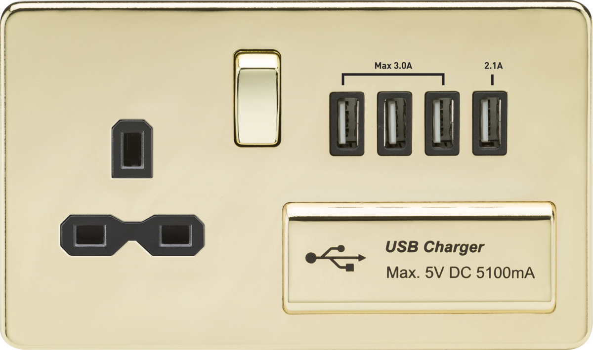 2G 13A Screwless Polished Brass 1G Switched Socket with Quad 5V USB Charger Ports - Black Insert