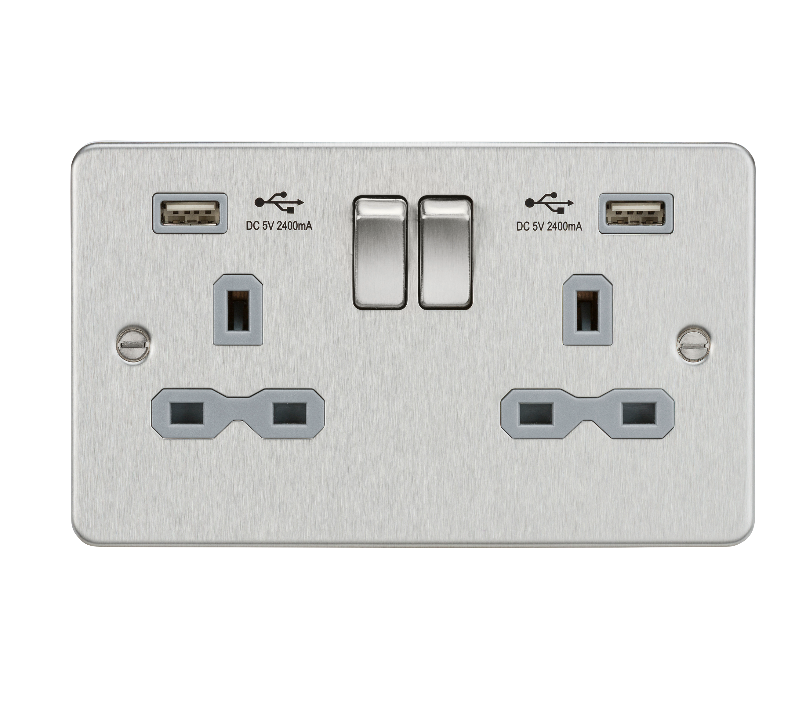 13A 2G switched socket with dual USB charger A + A (2.4A) - Brushed chrome with grey insert