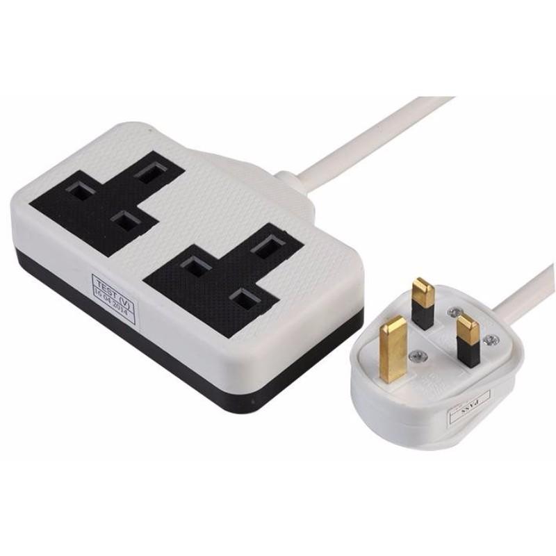 White UK 3 Pin Plug With 2 Gang 2G Socket Extension Cord Cable Lead - 2m
