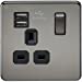 1G 13A Screwless Black Nickel 1G Switched Socket with Dual 5V USB Charger Ports - Black Insert