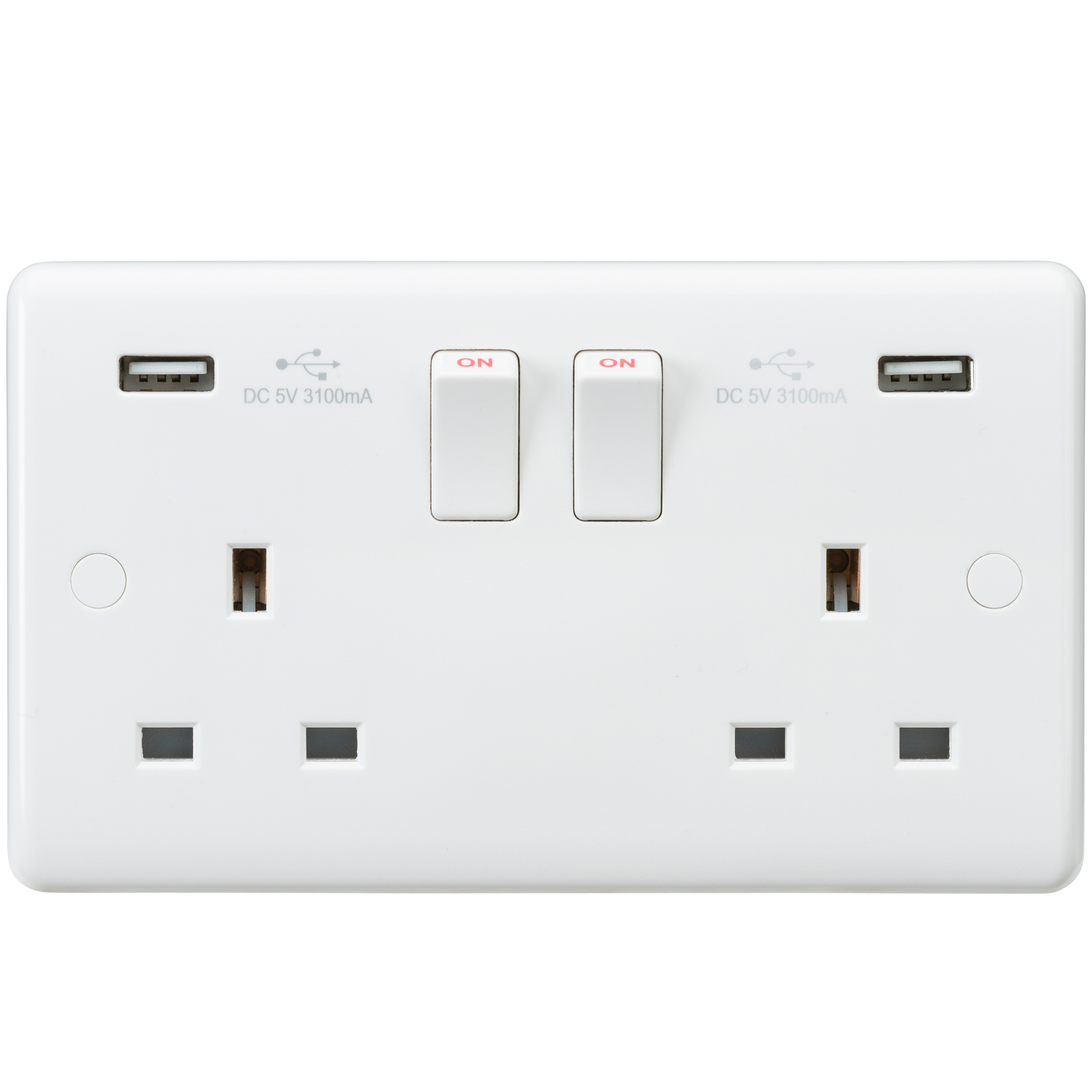 Curved Edge 13A 2G Switched Socket with Dual USB Charger (5V DC 3.1A shared)