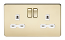 13A 2G DP Screwless Polished Brass 230V UK 3 Pin Switched Electric Wall Socket - White Insert