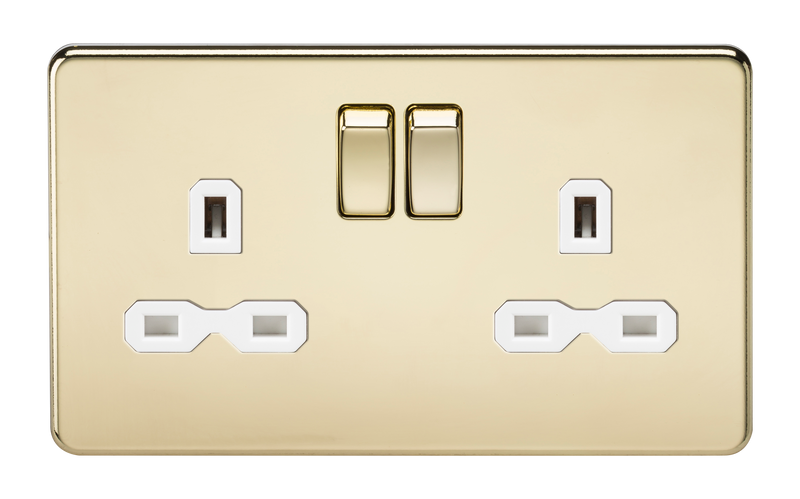 13A 2G DP Screwless Polished Brass 230V UK 3 Pin Switched Electric Wall Socket - White Insert