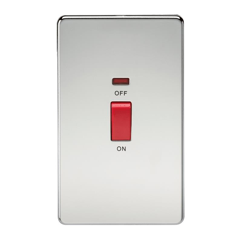 45A 2G DP 230V Screwless Polished Chrome Electric Switch With Neon