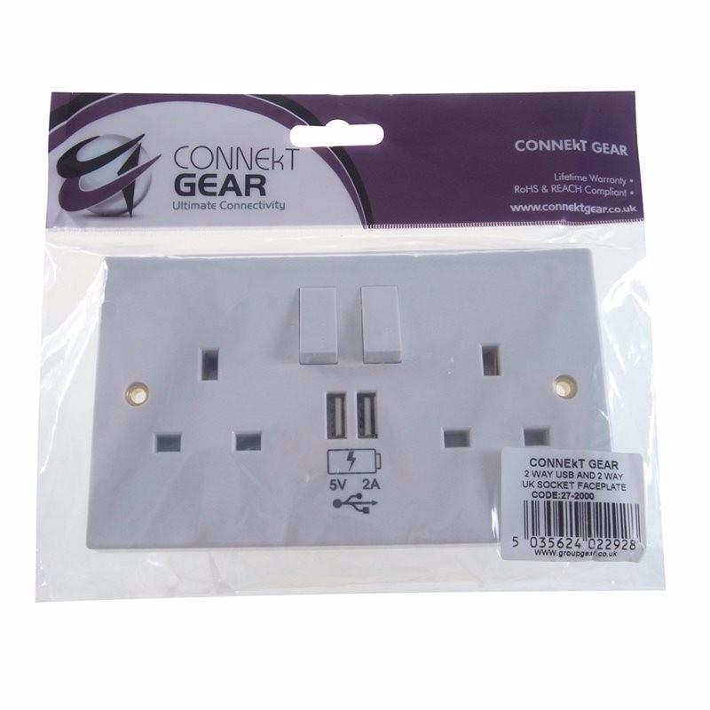 2 PACK SPECIAL 2 Way UK Power Socket with USB Charging Plate