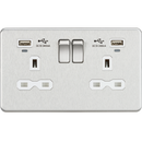 13A 2G Brushed Chrome Switched Sockets, Dual USB (2.4A) with LED Charge Indicators - White Insert